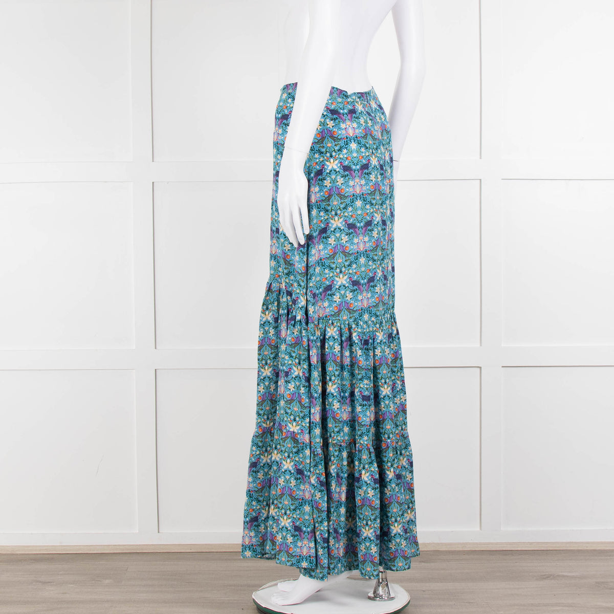 Ridley Blue Floral Silk Open Front Maxi Skirt