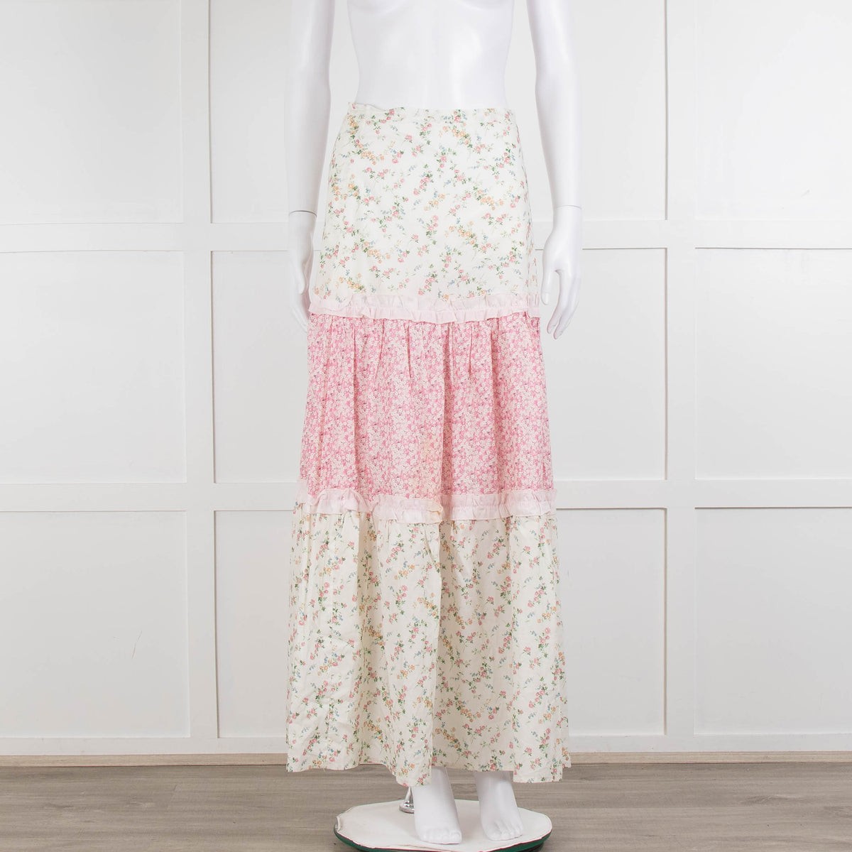 Ridley Cream Pink Floral Tiered Maxi Skirt