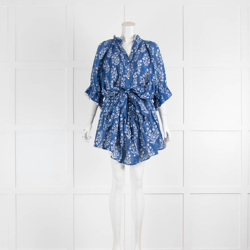 Juliet Dunn Icon Cotton Small Flowers Blue Tie Waist Dress