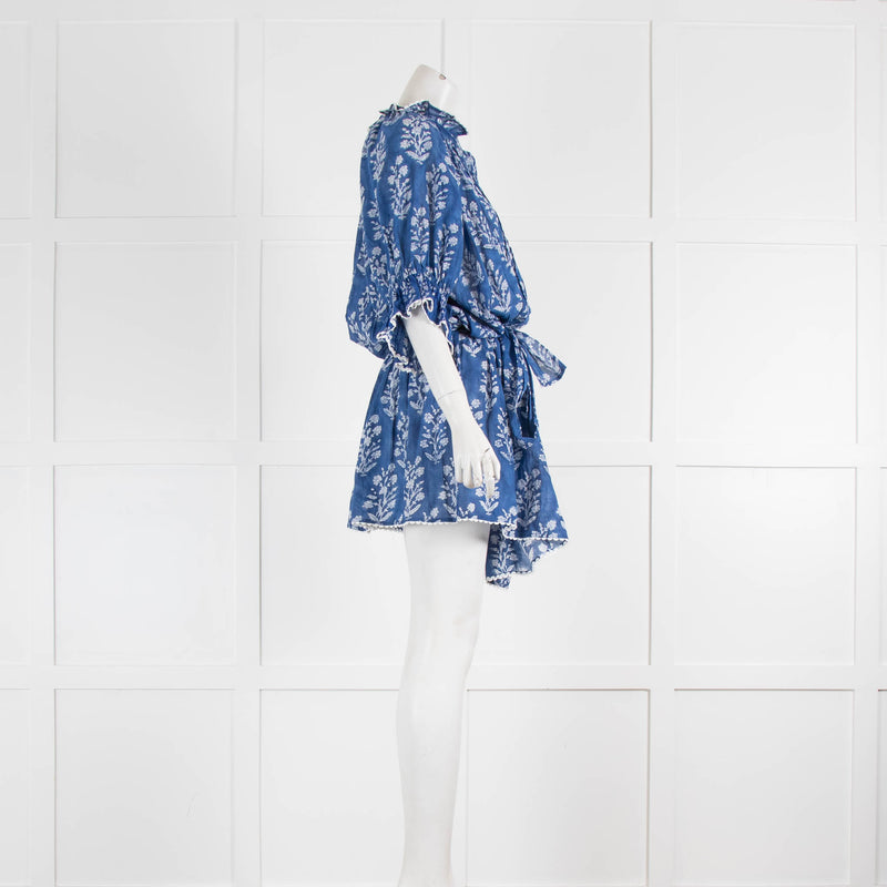 Juliet Dunn Icon Cotton Small Flowers Blue Tie Waist Dress