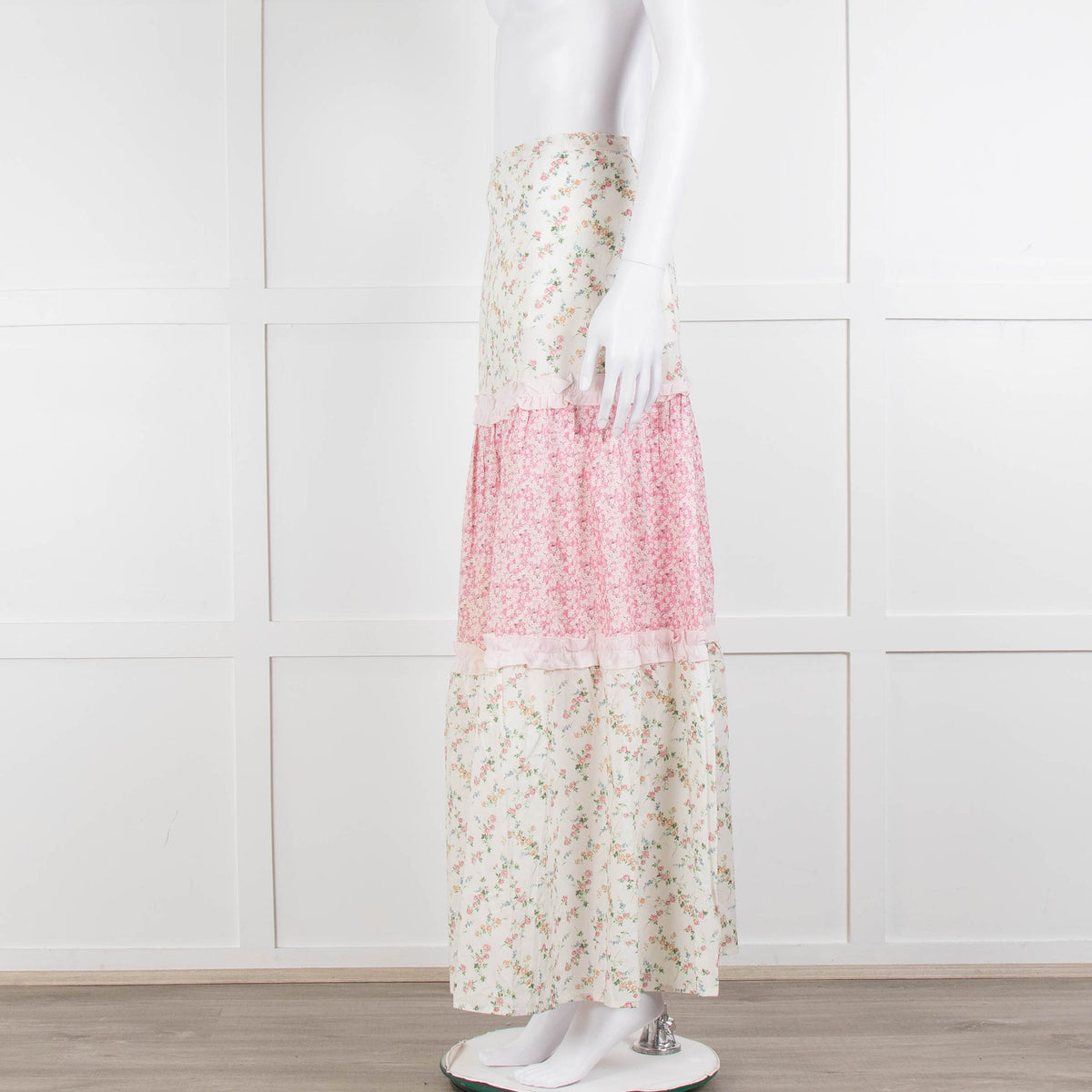 Ridley Cream Pink Floral Tiered Maxi Skirt