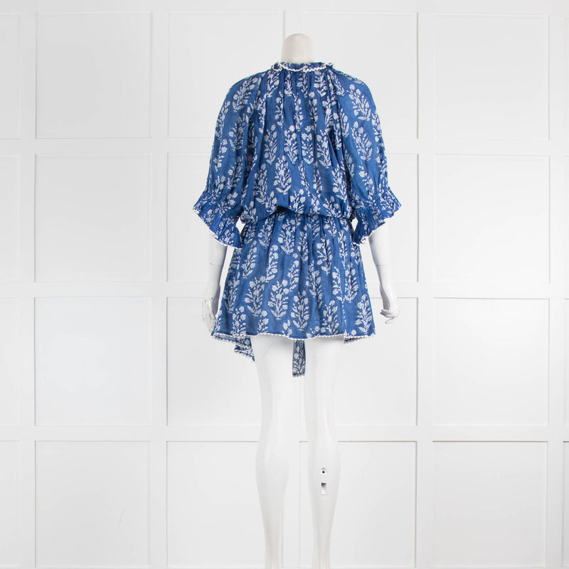 Juliet Dunn Icon Cotton Small Flowers Blue Tie Waist Dress