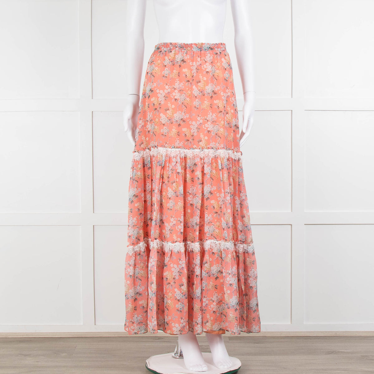 Ridley Orange Floral Silk Tiered Maxi Skirt