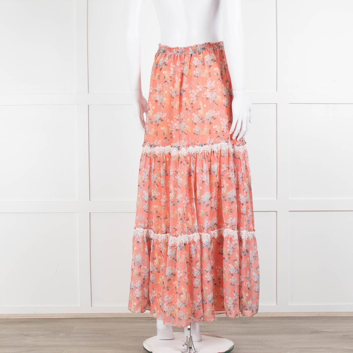 Ridley Orange Floral Silk Tiered Maxi Skirt