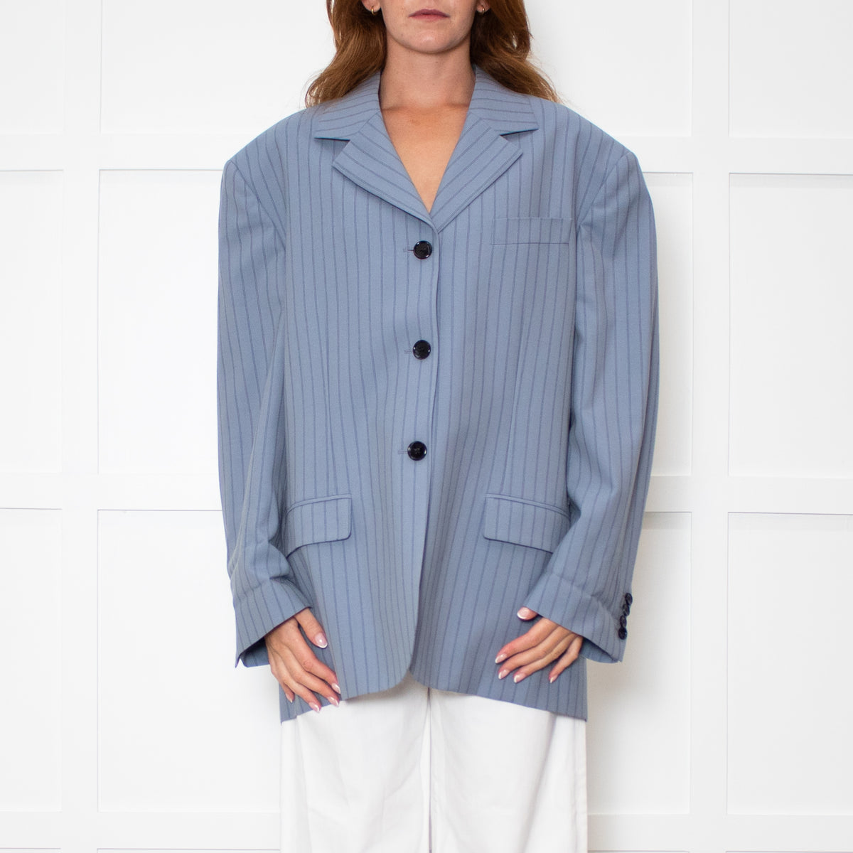 Acne Studios Juylie Oversized Blue Pinstriped Suit Blazer