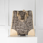 Prada Beige Brown Tweed Enamel Triangle Logo Handbag