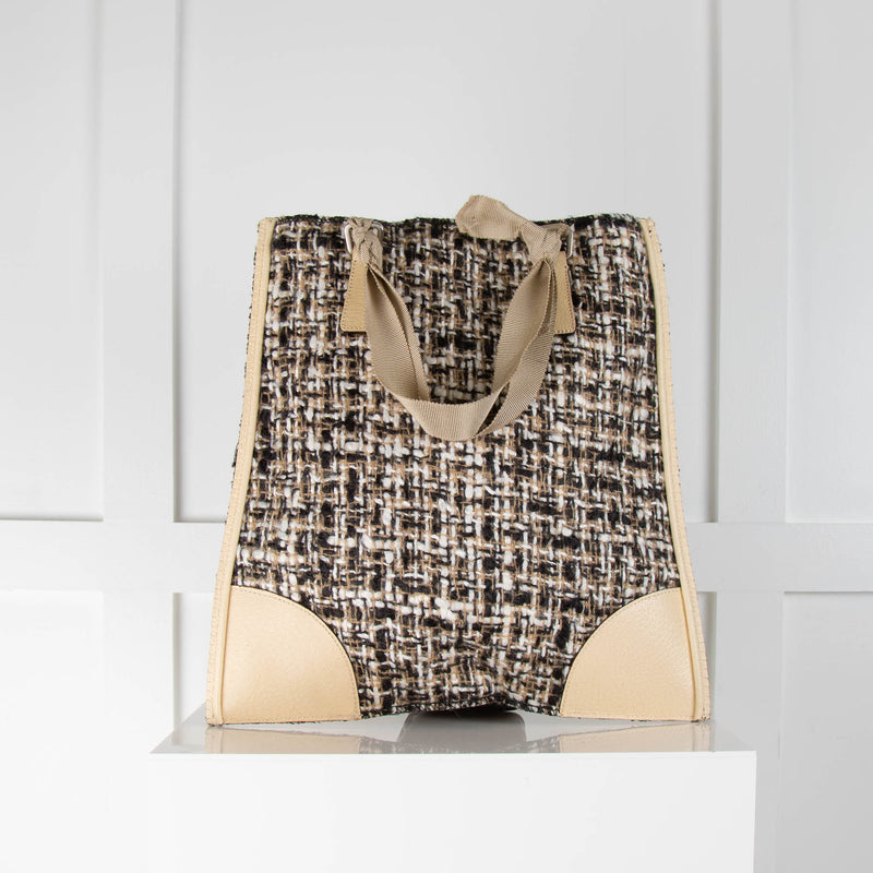 Prada Beige Brown Tweed Enamel Triangle Logo Handbag