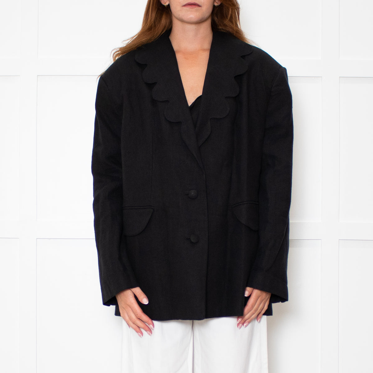 Sleeper Black Linen Scalloped Collar Blazer