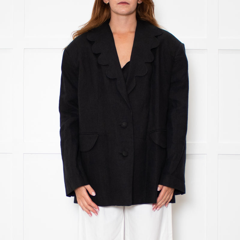 Sleeper Black Linen Scalloped Collar Blazer