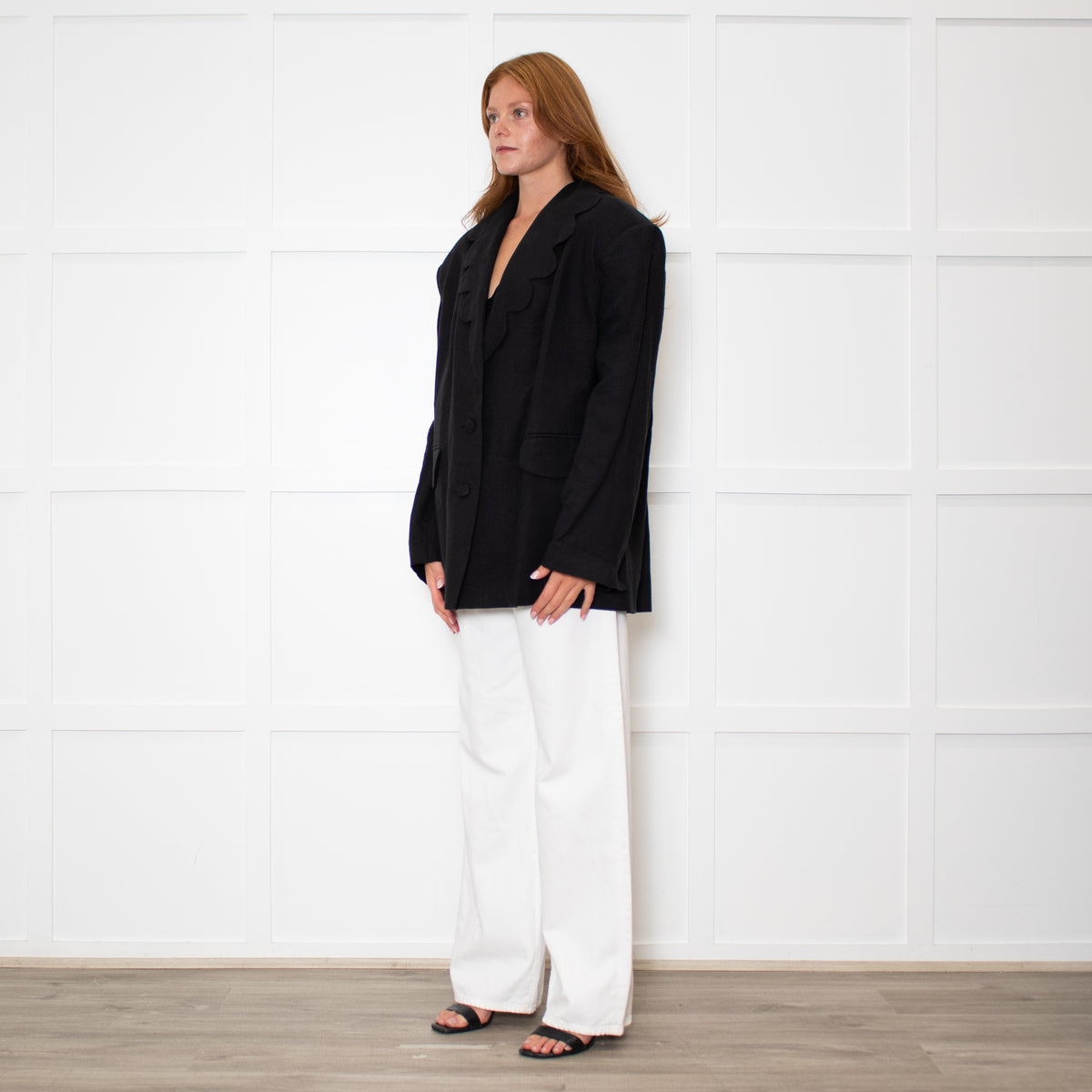 Sleeper Black Linen Scalloped Collar Blazer