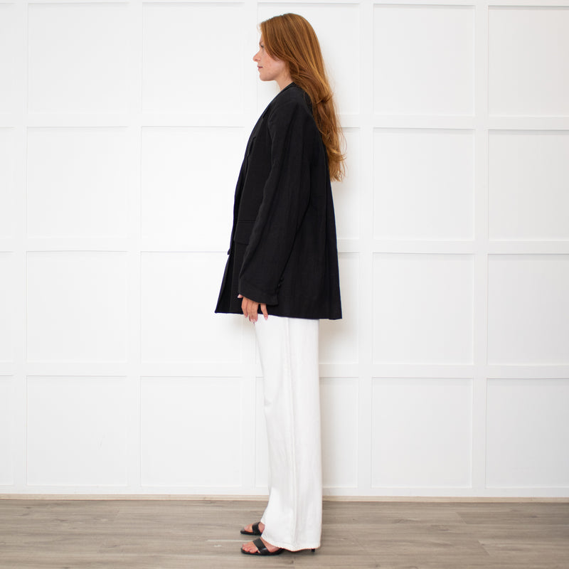 Sleeper Black Linen Scalloped Collar Blazer