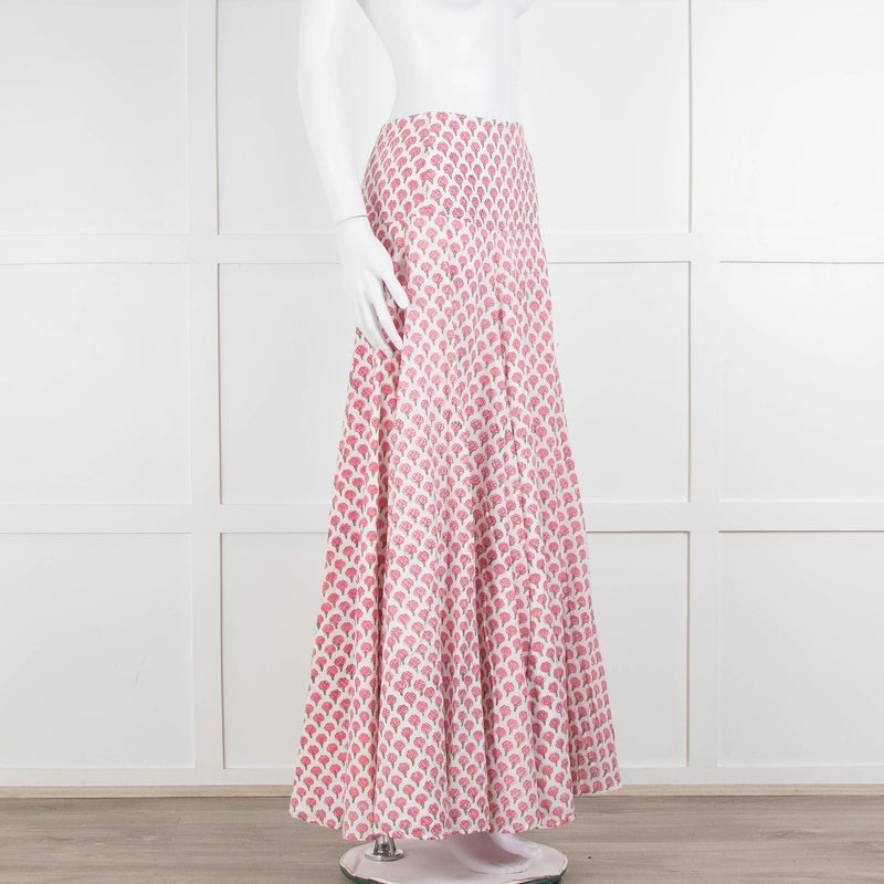 Neve & Noor White Pink Rose Print Cotton Maxi Skirt