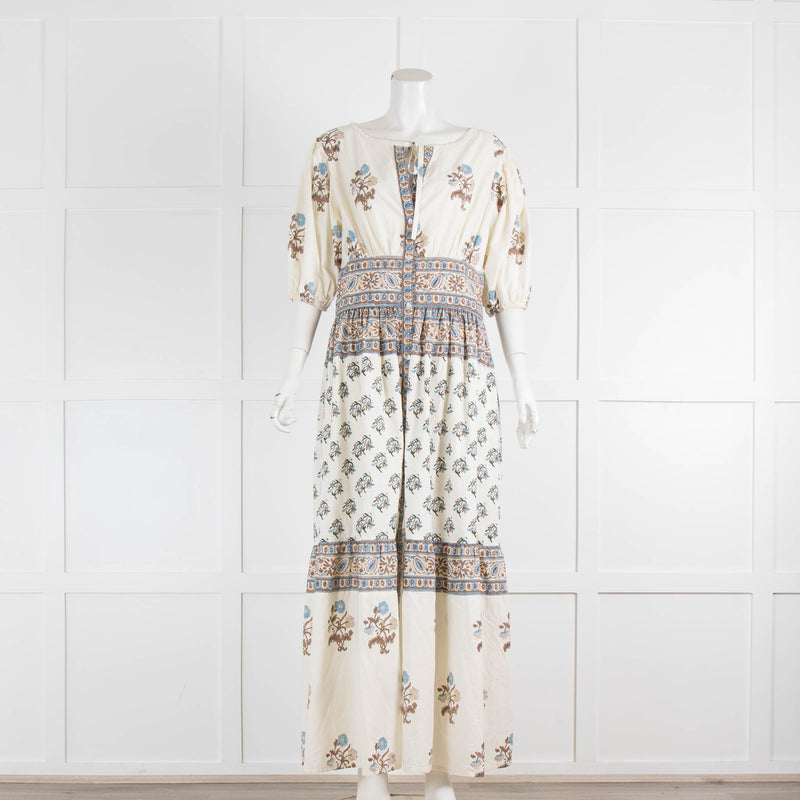 Hannah Artwear Camilla White Blue Brown Hand Block Printed Dress