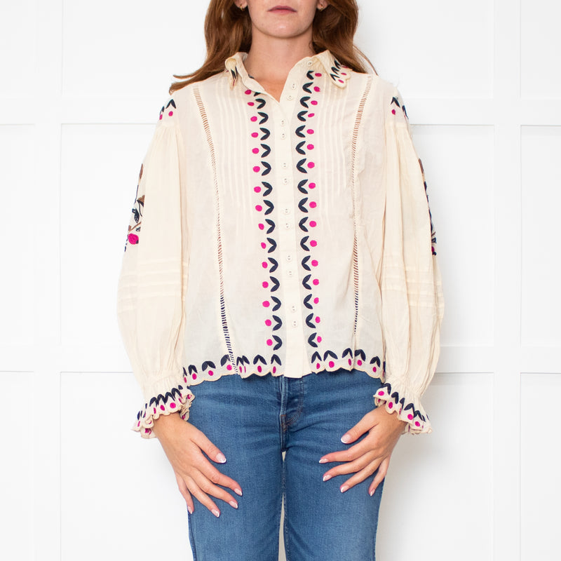 Farm Rio Sand Embroidered Collared Blouse