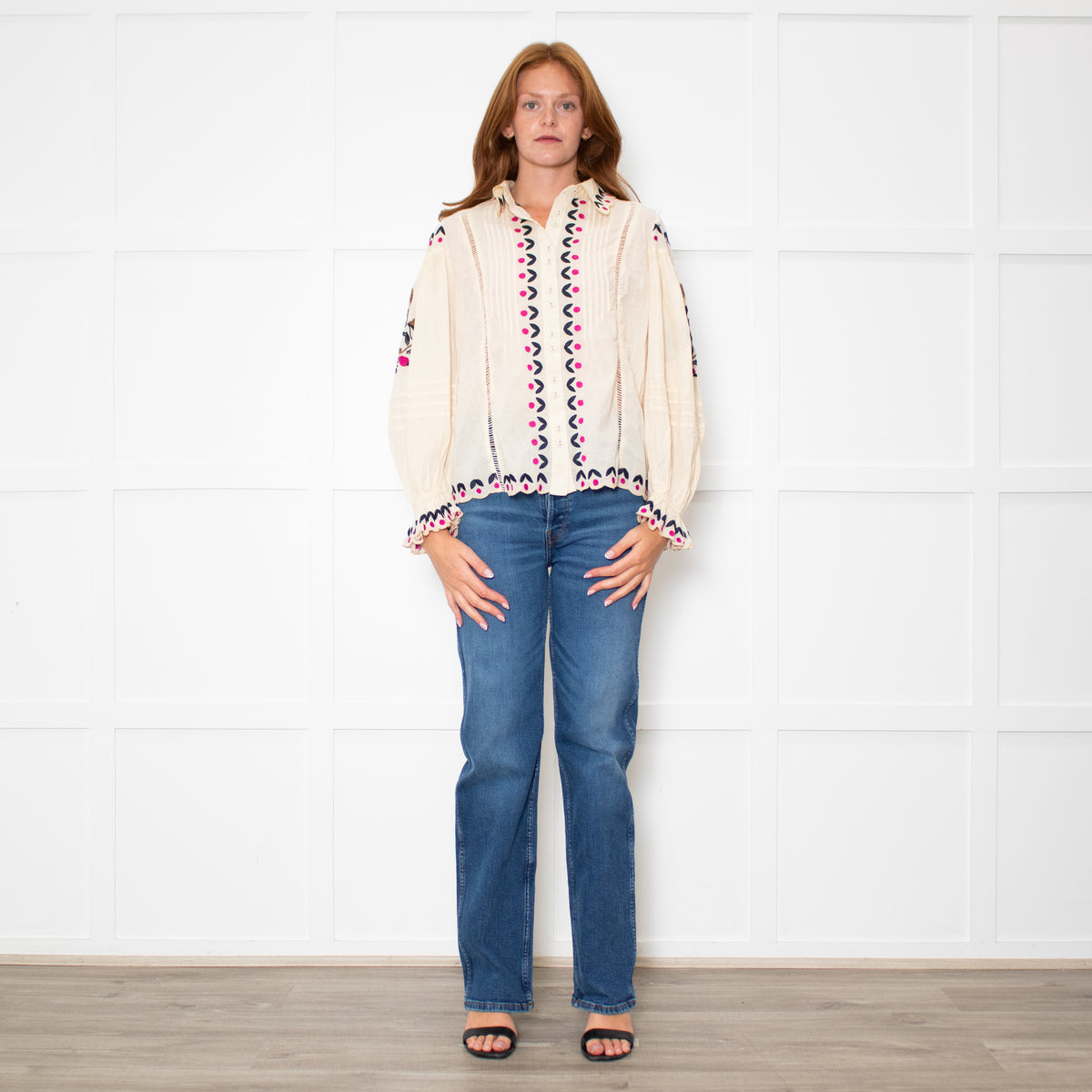 Farm Rio Sand Embroidered Collared Blouse