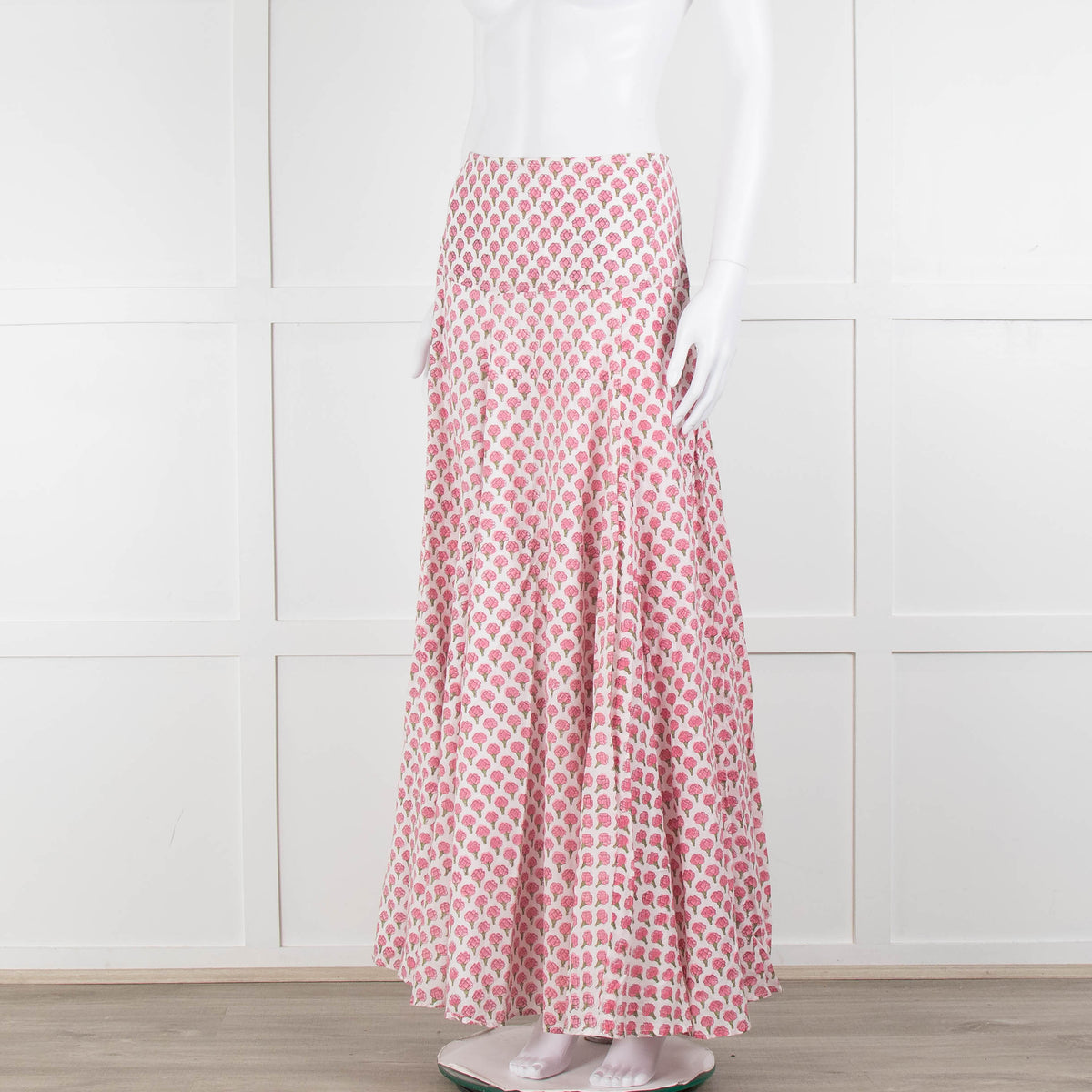 Neve & Noor White Pink Rose Print Cotton Maxi Skirt