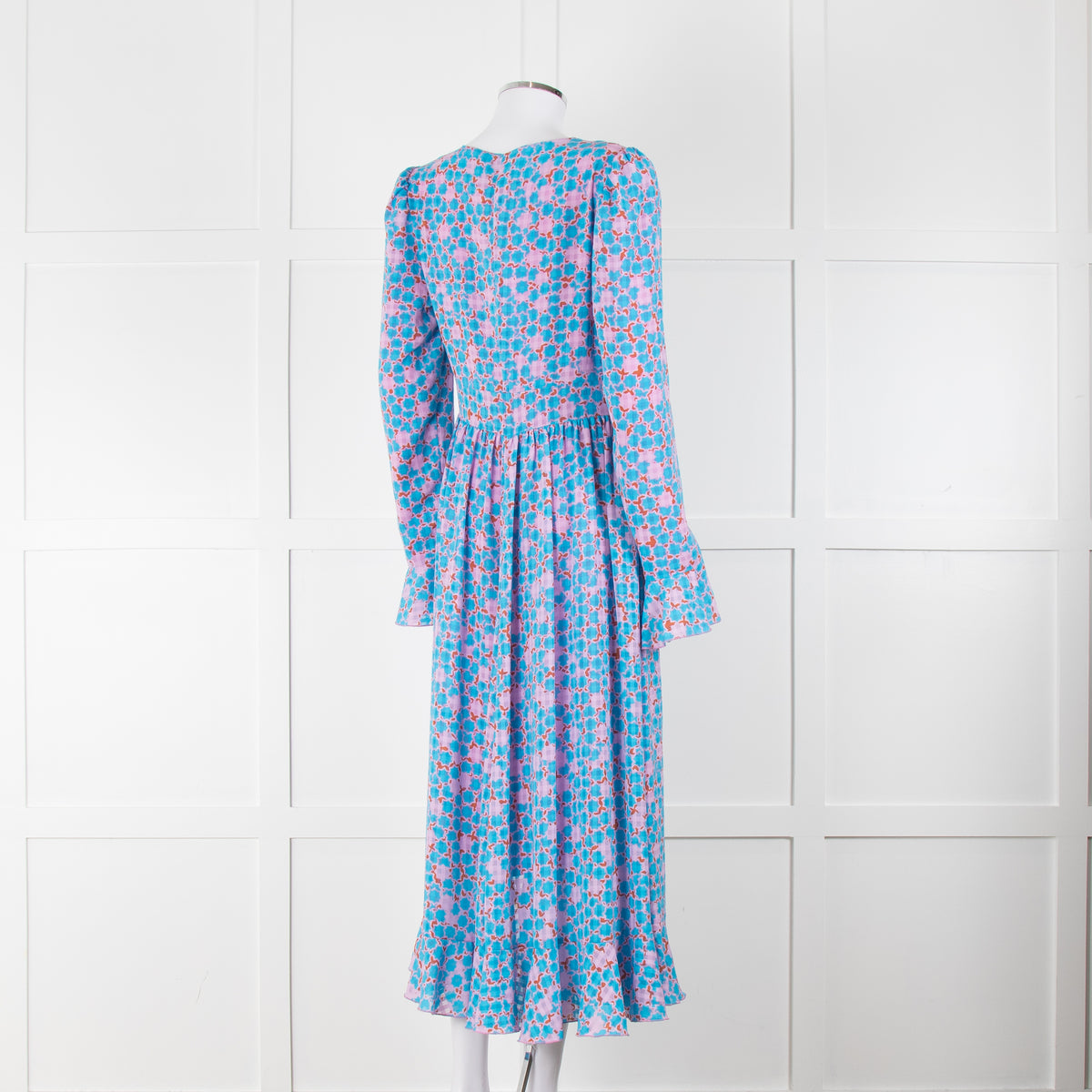 Stine Goya Blue Pink Orange Geometric Print Long Sleeve Maxi Dress
