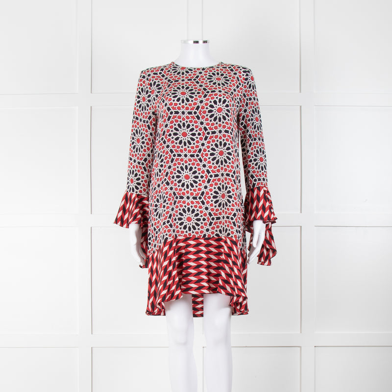 Beulah London Red Black Cream Silk Geometric Print Shift Dress