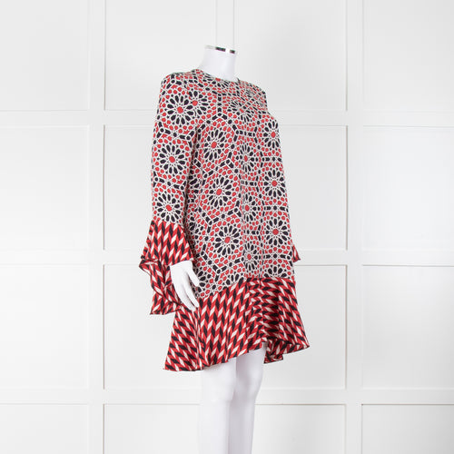 Beulah London Red Black Cream Silk Geometric Print Shift Dress