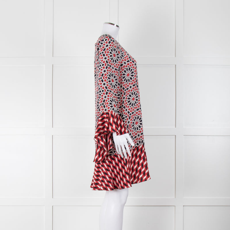 Beulah London Red Black Cream Silk Geometric Print Shift Dress