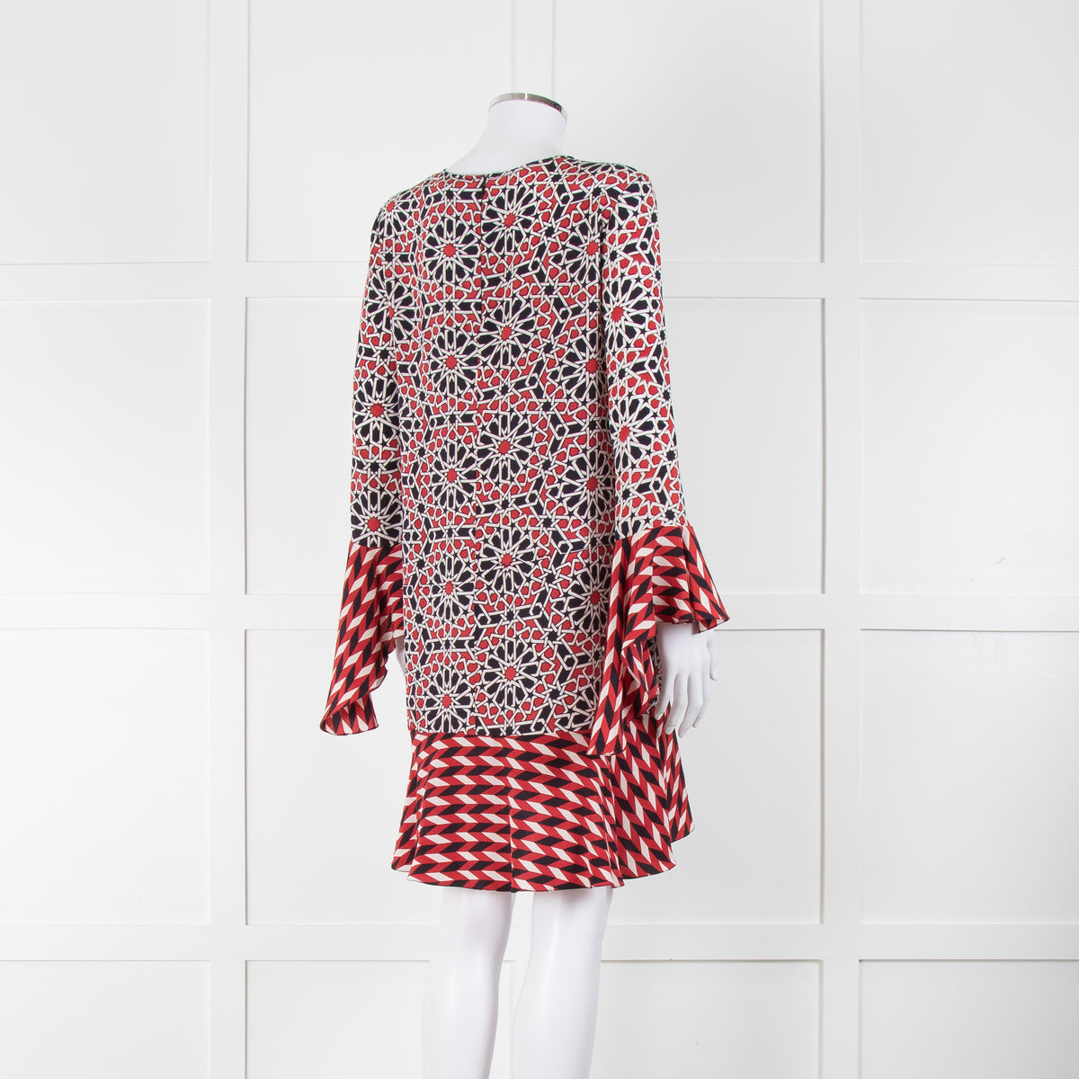 Beulah London Red Black Cream Silk Geometric Print Shift Dress
