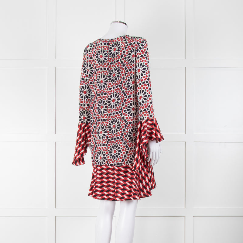 Beulah London Red Black Cream Silk Geometric Print Shift Dress