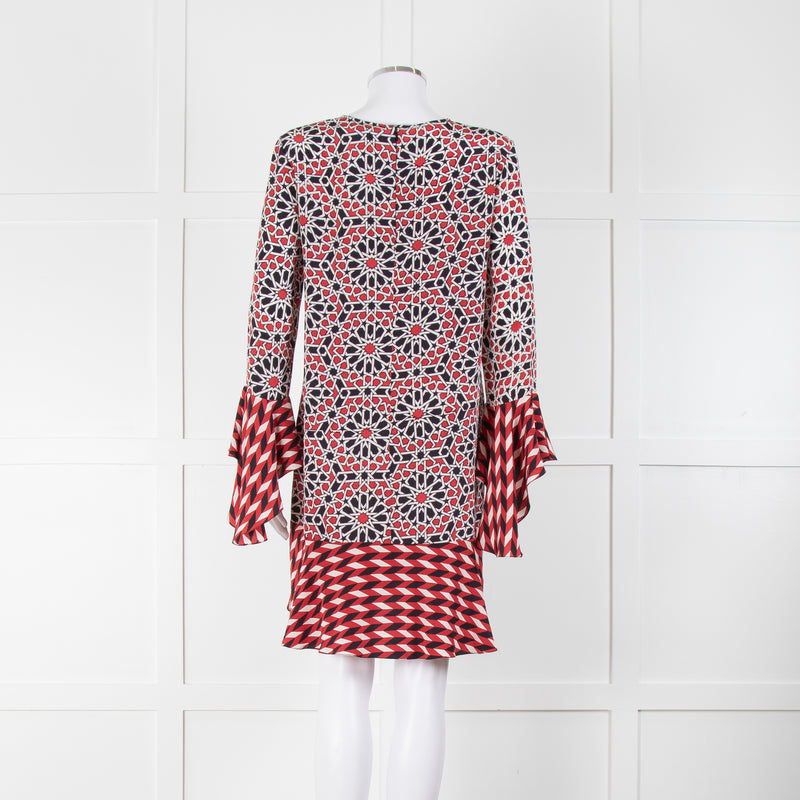 Beulah London Red Black Cream Silk Geometric Print Shift Dress