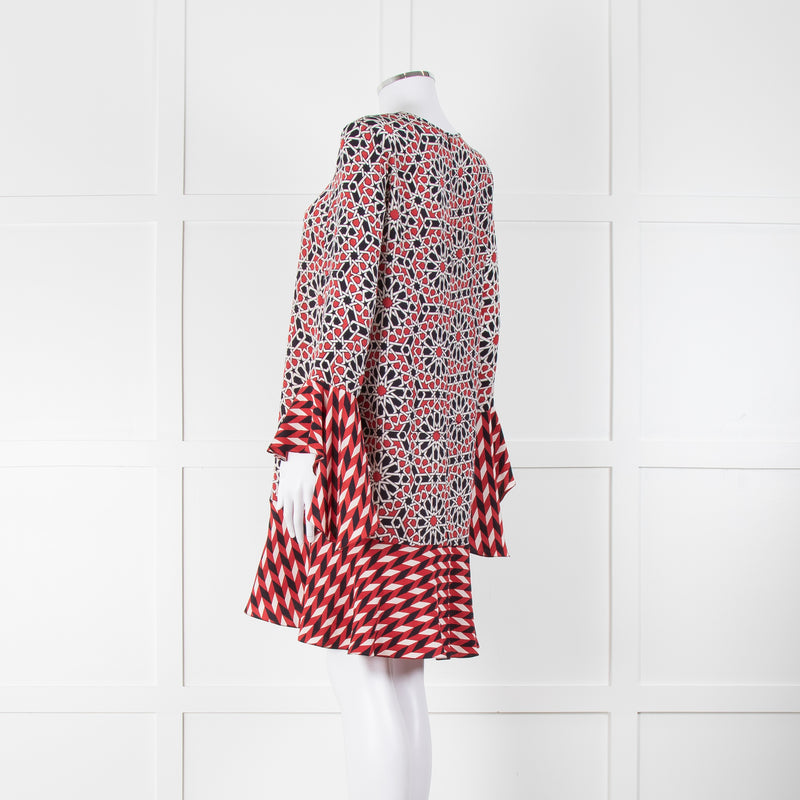 Beulah London Red Black Cream Silk Geometric Print Shift Dress