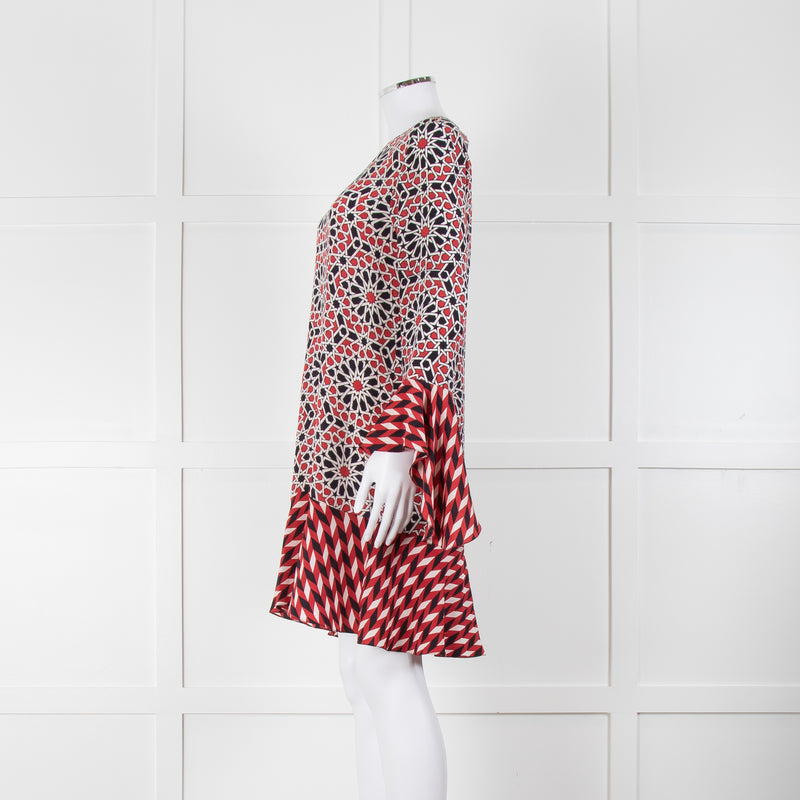 Beulah London Red Black Cream Silk Geometric Print Shift Dress