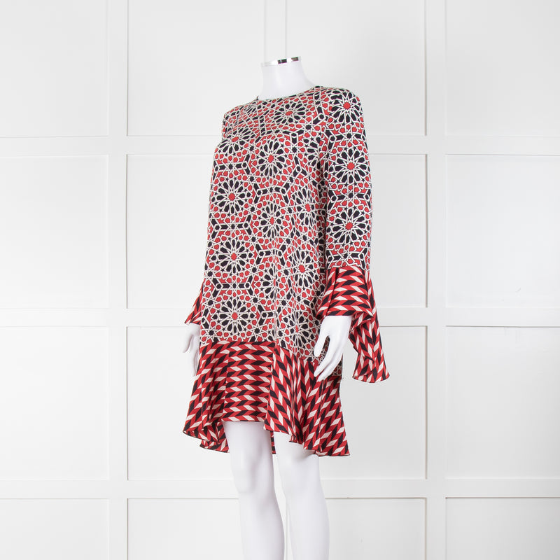 Beulah London Red Black Cream Silk Geometric Print Shift Dress