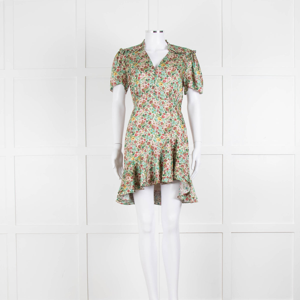 Sandro Cream Green Floral Frill Trim Short Dress