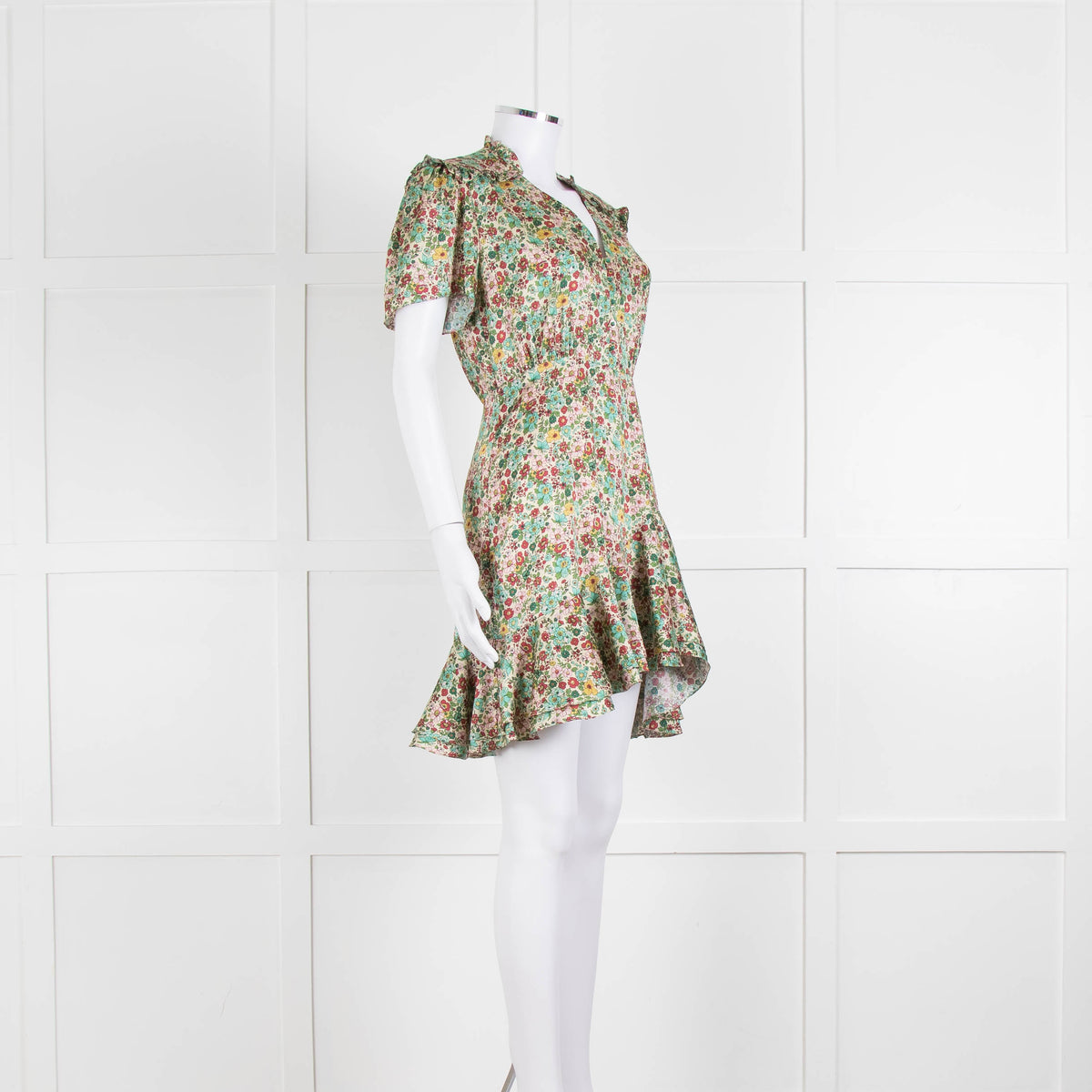 Sandro Cream Green Floral Frill Trim Short Dress