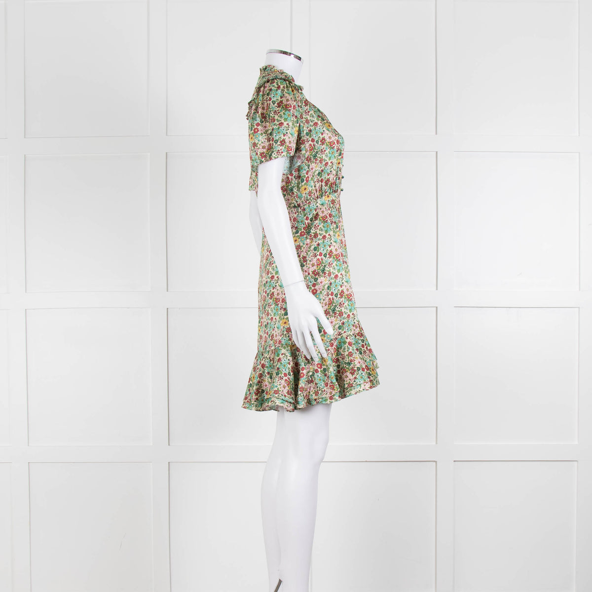 Sandro Cream Green Floral Frill Trim Short Dress