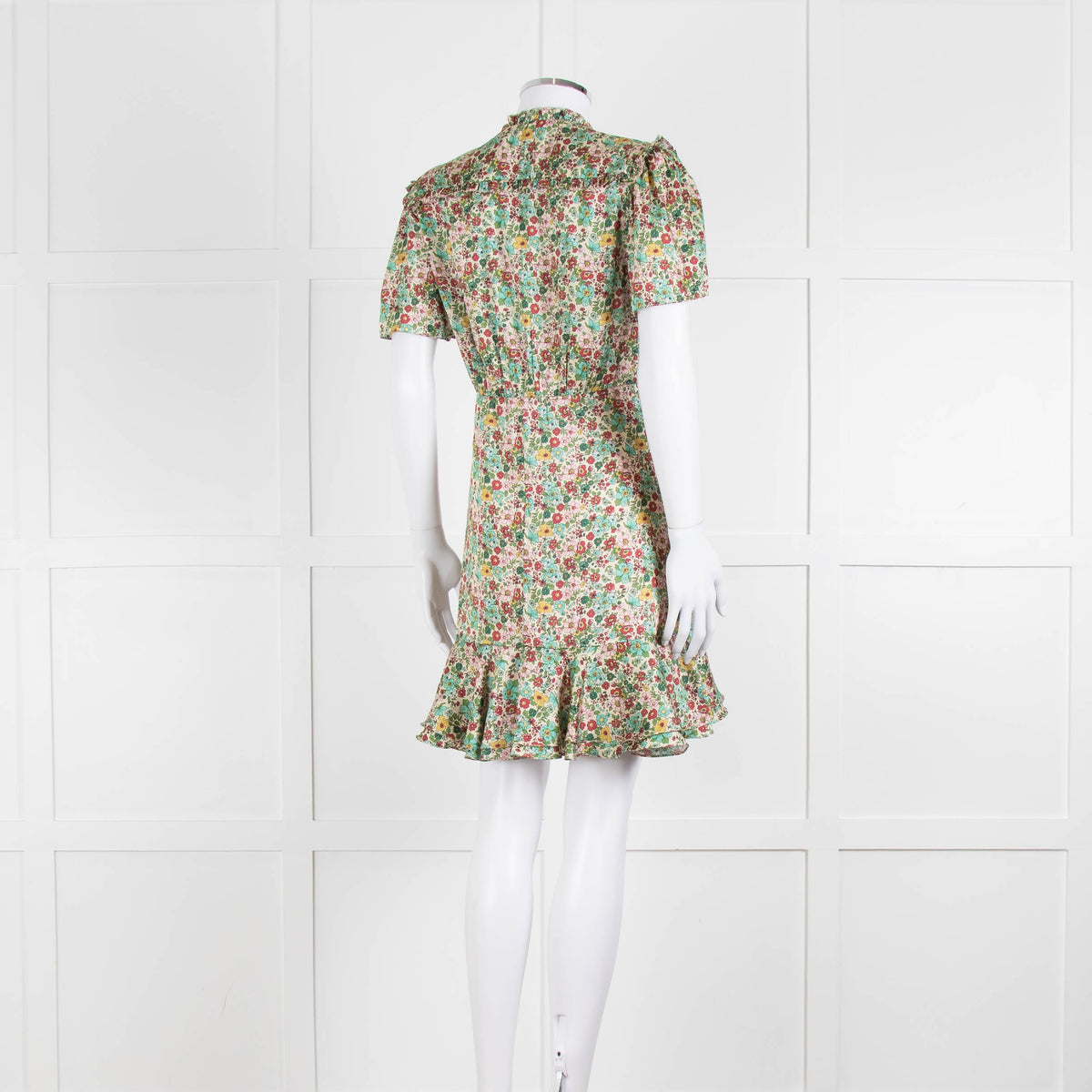 Sandro Cream Green Floral Frill Trim Short Dress