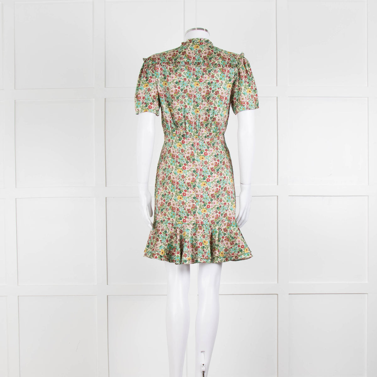 Sandro Cream Green Floral Frill Trim Short Dress