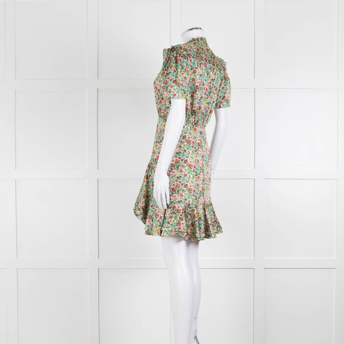 Sandro Cream Green Floral Frill Trim Short Dress