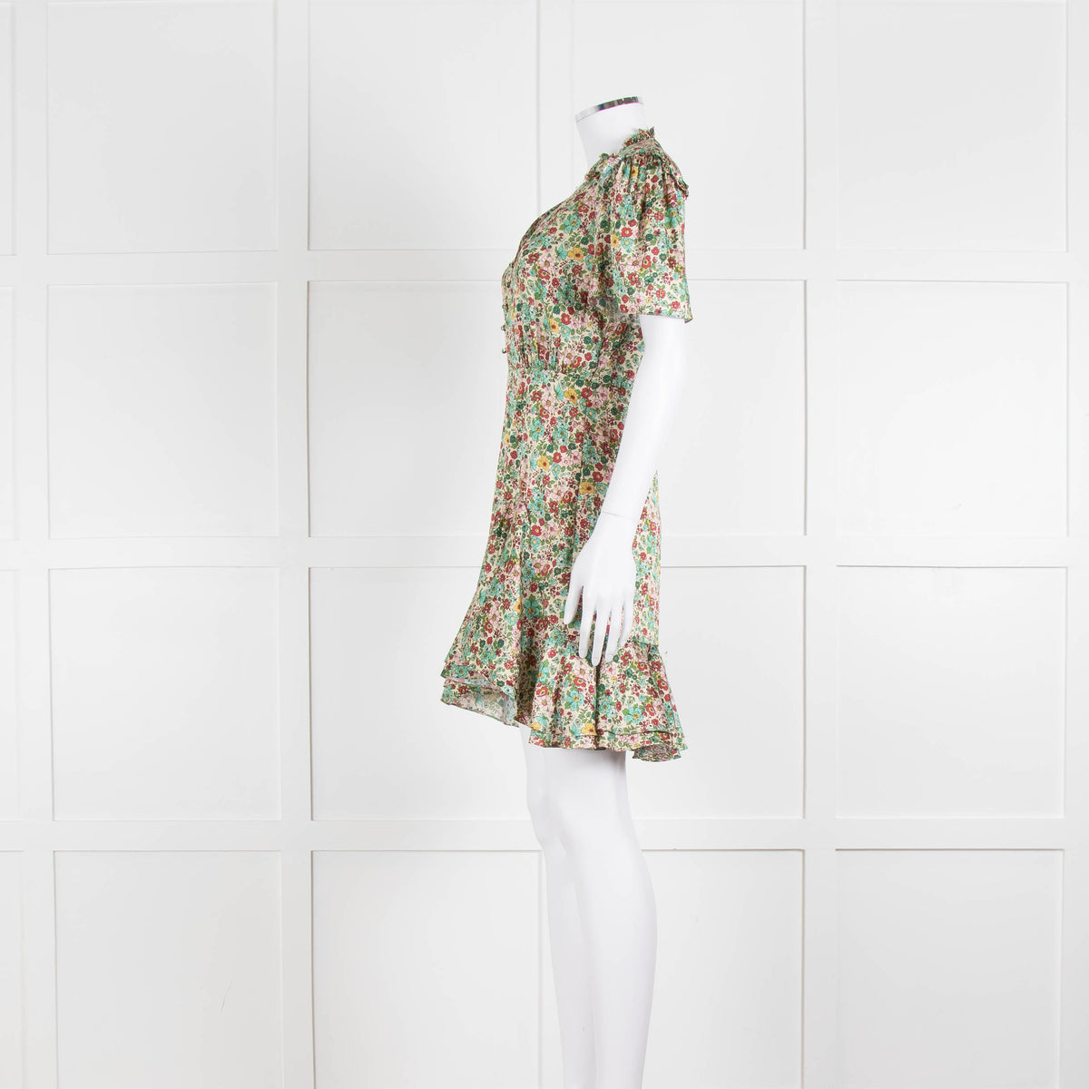 Sandro Cream Green Floral Frill Trim Short Dress