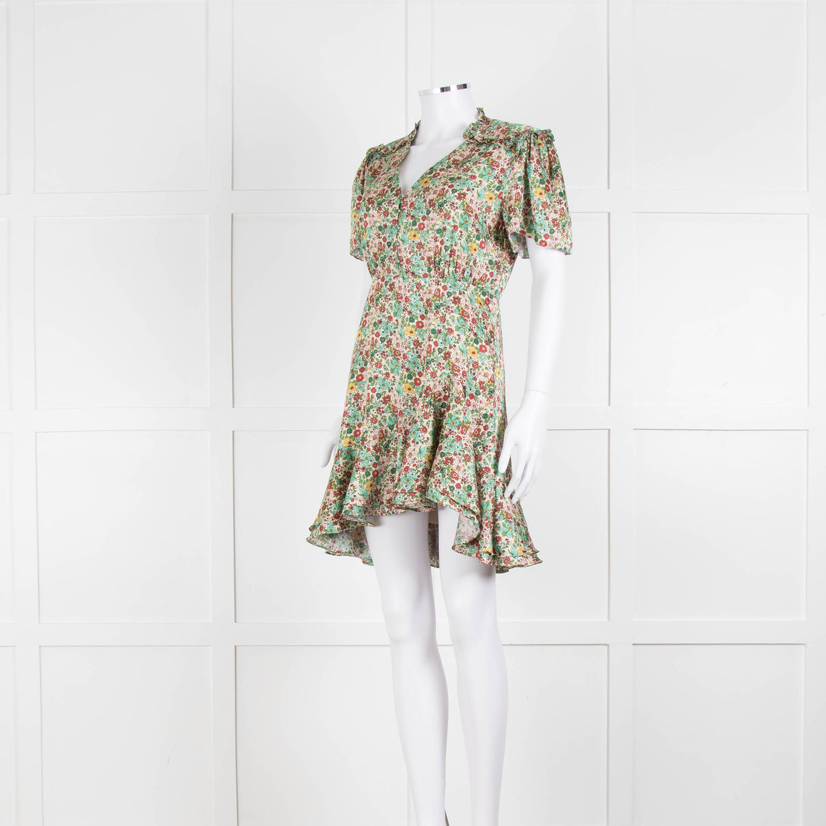 Sandro Cream Green Floral Frill Trim Short Dress