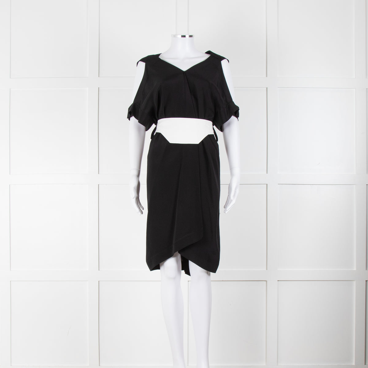 Roland Mouret Black White Silk Belted Sleeveless Dress