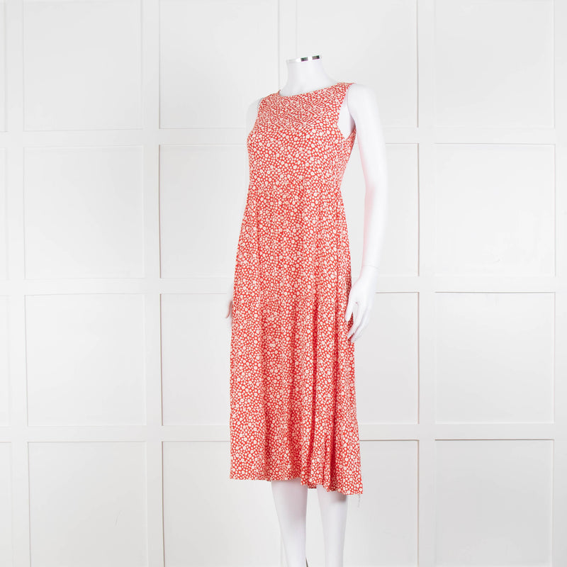 Sezane Red White Floral Sleeveless Tiered Dress