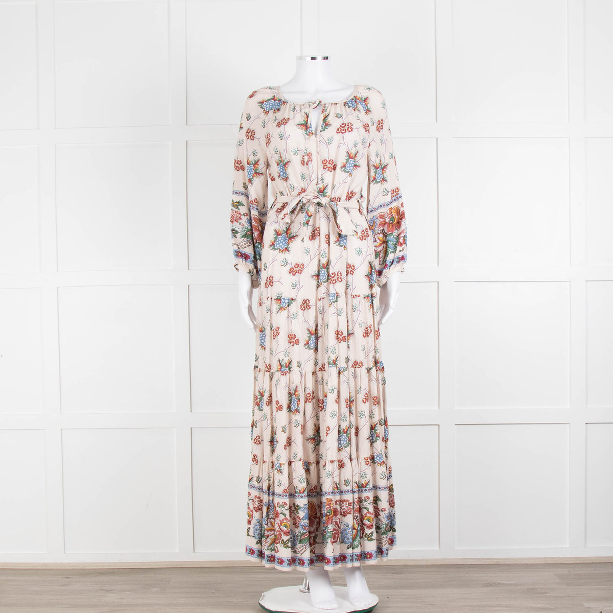 Vilshenko Beige Tan Blue Floral Tiered Long Sleeve Maxi Dress