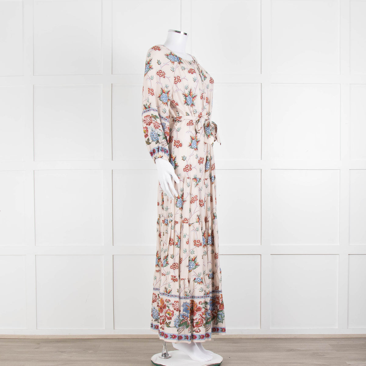 Vilshenko Beige Tan Blue Floral Tiered Long Sleeve Maxi Dress