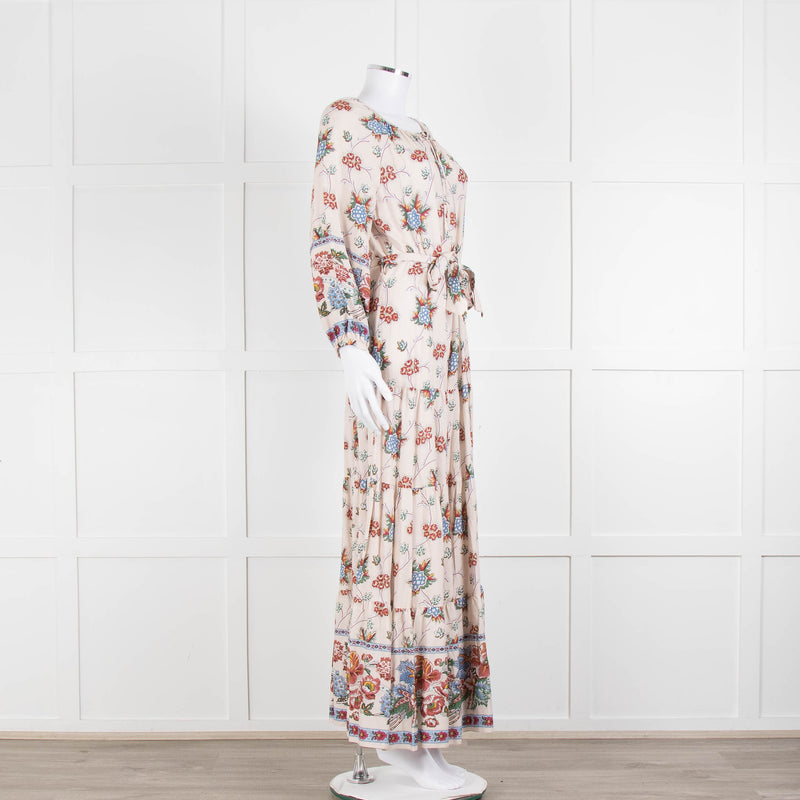 Vilshenko Beige Tan Blue Floral Tiered Long Sleeve Maxi Dress