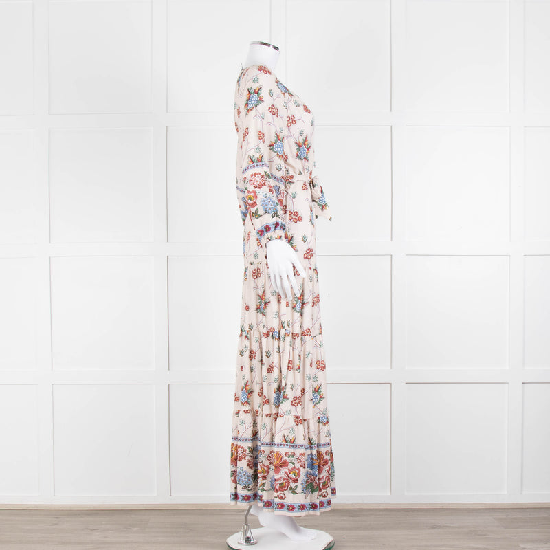 Vilshenko Beige Tan Blue Floral Tiered Long Sleeve Maxi Dress