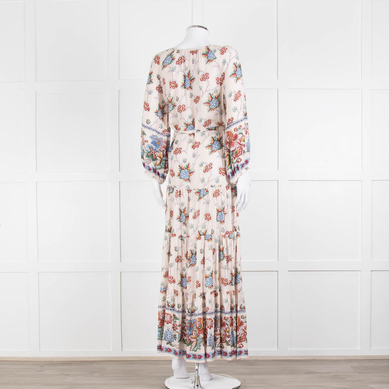 Vilshenko Beige Tan Blue Floral Tiered Long Sleeve Maxi Dress