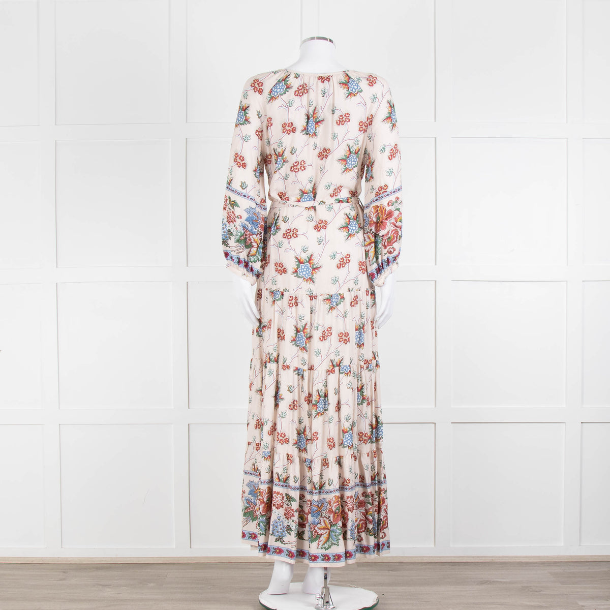 Vilshenko Beige Tan Blue Floral Tiered Long Sleeve Maxi Dress