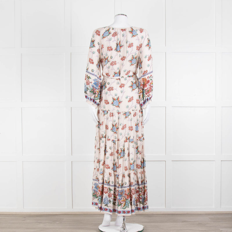 Vilshenko Beige Tan Blue Floral Tiered Long Sleeve Maxi Dress