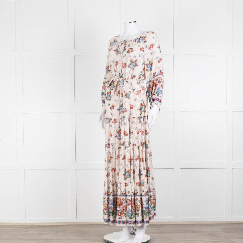 Vilshenko Beige Tan Blue Floral Tiered Long Sleeve Maxi Dress