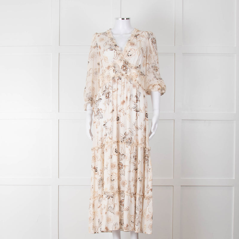 Riani Pale Floral Ruffle Neck And Tiered Maxi Dress