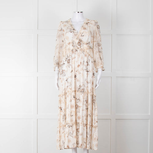 Riani Pale Floral Ruffle Neck And Tiered Maxi Dress